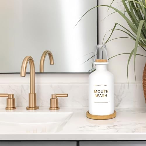 Mouthwash Dispenser for Bathroom 11.8oz – Glass Mouthwash Bottle with Cup & Bamboo Tray, Gold Hot-Stamped Lettering, Nordic Style Countertop Accessory, White Bathroom Accessories (White) - Image 3
