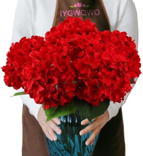 6PCS Large Silk Hydrangea Flowers, 20 in Full Faux Hydrangea Artificial Flowers with Stems Leaves for Fake Bouquets Home Valentines Day Xmas Party Christmas Centerpieces Arrangements (Red) by IYGWQWO