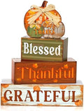 4 Pcs Fall Decor for Home Thanksful Pumpkin Wooden Signs with Blessed by Quzzil