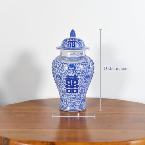 11″ Blue & White Ginger Jar with Lid Chinoiserie Double Happiness - Image 5
