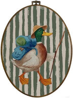 dvhdajed Vintage Backpacking Mallard Duck Oval Wall Art Decor, Mallard Duck Camping Green Striped Framed Canvas Art, Rustic Wall Hanging Decor for Boys Room Bedroom, Farm Animal Decorations,8.7x11.3 by dvhdajed