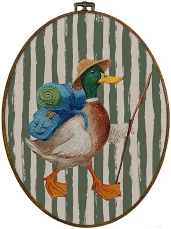 dvhdajed Vintage Backpacking Mallard Duck Oval Wall Art Decor, Mallard Duck Camping Green Striped Framed Canvas Art, Rustic Wall Hanging Decor for Boys Room Bedroom, Farm Animal Decorations,8.7x11.3 by dvhdajed