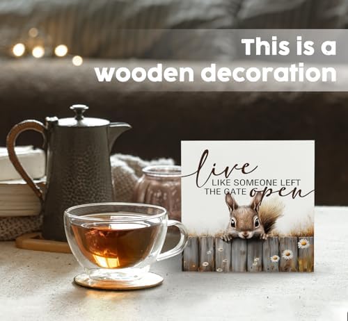 Squirrel Sign - Squirrel Gifts For Women, Live Like Someone Left The Gate Open Wooden Box Signs, Farmhouse Wood Decoration Home Decor For Desk Table Shelf 5x5 Inch - Image 2