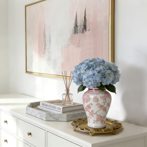 11″ Pink Ginger Jar with Lid Porcelain Stylized Songbirds Floral Temple Jar - Image 5
