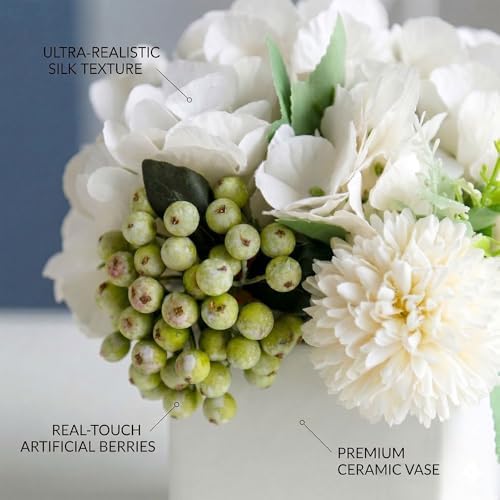 TKAS Fake Flowers Arrangement in Ceramic Vase, Artificial Faux Silk Hydrangea & Green Berries, Small Realistic Dried-Style Floral Centerpiece for Dining Table, Wedding Party Home Decoration (White) - Image 2