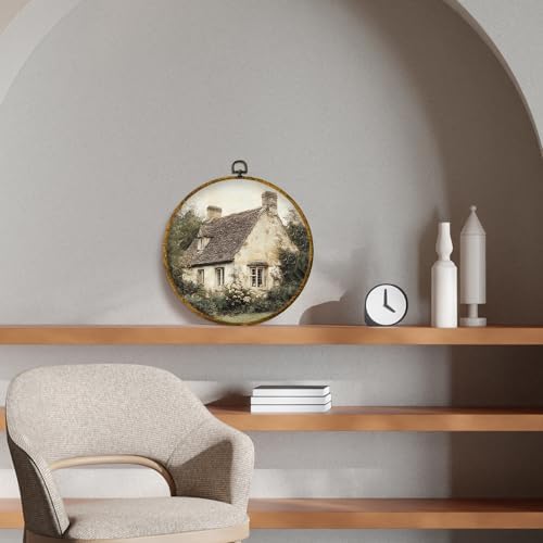 CUANFDDSF Vintage Rustic Countryside Round Wall Art, Retro Farmhouse Framed Hanging Wall Decor, Cottagecore Antique Country Landscape Canvas Prints Decorations for Home Bedroom Living Room, 10x10 Inch - Image 3