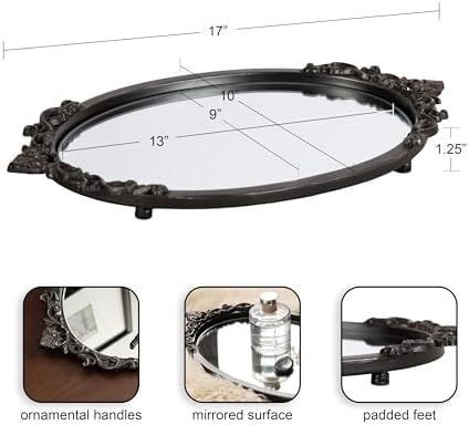 Kate and Laurel Arendahl Vintage Oval Mirrored Decorative Tray, 17 x 10, Antique Black, Traditional Ottoman Tray for Living Room Home Decor with Ornate Detailing - Image 2