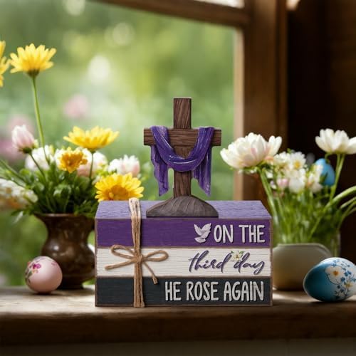 Geelin 4 Pcs Easter Christian Table Decoration Wooden Book Stack Signs - Image 2
