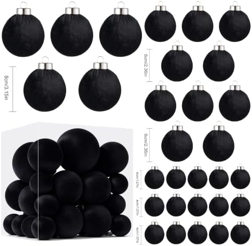 Velvet Christmas Ball Ornaments - 30pcs Flocked Christmas Ornaments Set Shatterproof Classic Hanging Xmas Tree Decorations with Rope for Wreath Holiday Home Decor (Black) - Image 2