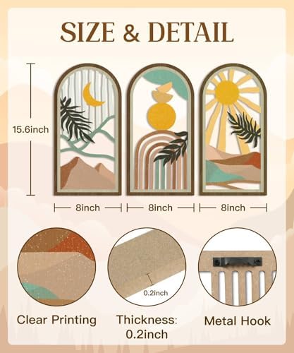 Putuo Decor Boho Wall Art Set of 3, Modern Minimalist Wooden Wall Decor, Nature-Inspired Abstract Aesthetic Room Decorations, Mid-Century Artwork for Living Room, Bedroom, Office (White, 16×8 in - Image 2