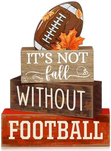 Yuntau 4 Pcs Fall Football Decor Rustic Wooden Blocks Table Centerpiece by Yuntau