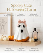 GoGnome Halloween Ghost Pumpkin Figurine, Cute Resin Ghost Decoration with Pink Bow for Fall Tabletop Home Decor (White Ghost Pumpkin) - Image 2