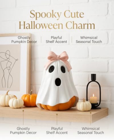 GoGnome Halloween Ghost Pumpkin Figurine, Cute Resin Ghost Decoration with Pink Bow for Fall Tabletop Home Decor (White Ghost Pumpkin) - Image 2