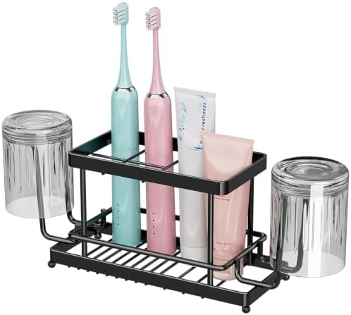 Toothbrush Holder, Wall Mount & Countertop, 2 Cup Hooks Black Metal by Yvrlo