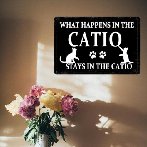 Catio Accessories Outdoor What Happens In The Catio Stays In The Catio Metal Tin Sign Caution Cat Vomit Sign Funny Cat Lover Sign Posters Gift 8x12 Inch - Image 4