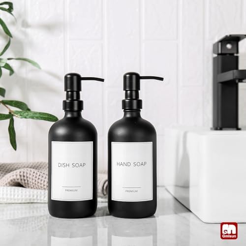 GMISUN Black Soap Dispenser, 2 Pack Matte Black Hand Soap Dispensers for Bathroom, 17 Fl Oz Glass Dish Soap Dispensers for Kitchen with Stainless Steel Pump, Modern Liquid Soap Bottle - Image 4