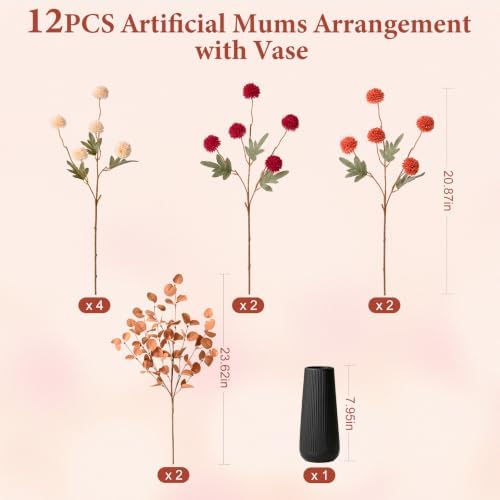12 Pcs Realistic Fall Flowers Fake Mums with Vase, Full Silk Pompon Bulk - Image 6