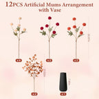 12 Pcs Realistic Fall Flowers Fake Mums with Vase, Full Silk Pompon Bulk - Image 6
