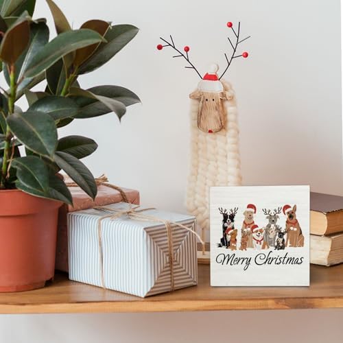 Merry Christmas Dog Wooden Box Sign Desk Decor, Dog Lover Mom Dad Gifts, Christmas Holiday Puppy Wood Block Sign for Home Office Desk Table Shelf Wall Decorations, 5x5 Inch - Image 2