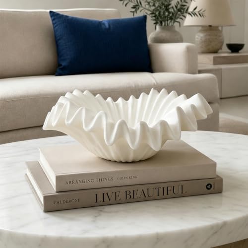 Braxio White Decorative Bowl – Resin Ruffle Bowl for Entryway, Dining Table Centerpiece, Fruit or Key Holder for Modern Home Decor, 12 Inch Art Deco Style by BRAXIO