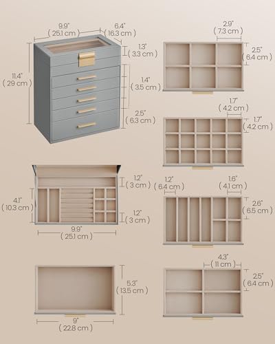 SONGMICS Jewelry Box Organizer, 6-Layer Storage with 5 Drawers, Glass Lid - Image 5