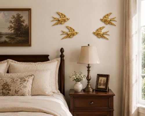 AMOIENSIS 4.75 Inch Gold Swallow Bird Wall Sculpture Set of 4 - Image 4