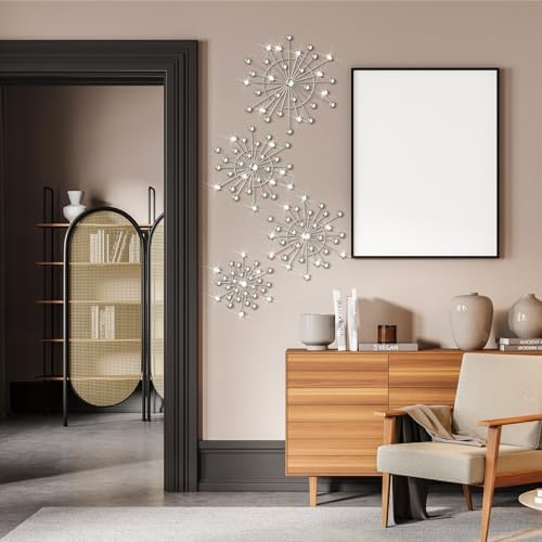 Blulu 4 Pcs Silver Wall Decor, Bling Crystal Starburst Metal Wall Art - Image 5
