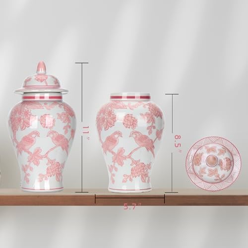 11″ Pink Ginger Jar with Lid Porcelain Stylized Songbirds Floral Temple Jar - Image 6