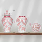 11″ Pink Ginger Jar with Lid Porcelain Stylized Songbirds Floral Temple Jar - Image 6
