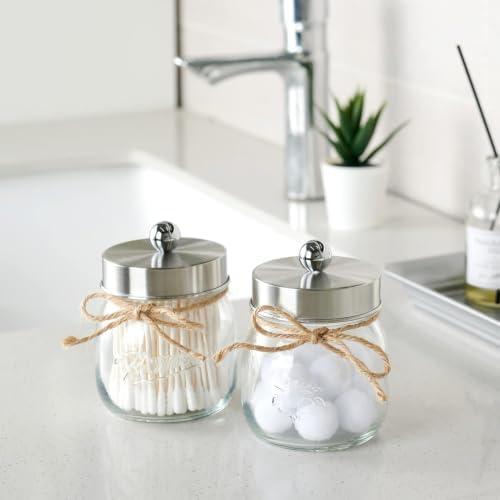 SheeChung 2 Pack Glass Mason Jar Qtip Holder Dispenser, Brushed Nickel Lids - Image 2