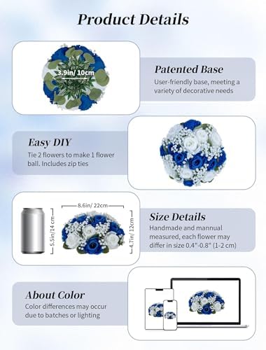 BLOSMON Fake Flowers Ball Wedding Centerpieces 10 Pcs Royal Blue Rose Babys Breath Artificial Flowers Center Pieces Decoration for Table Faux Silk Floral Bouquet Arrangements for Home Party DIY Decor - Image 5