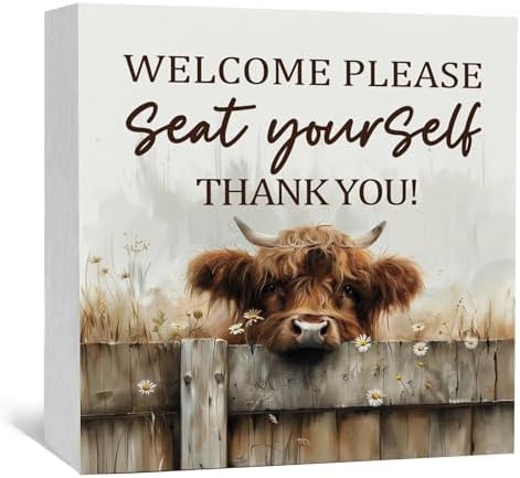 Highland Cow Bathroom Decor Sign - Farmhouse Western Animal Bathroom Decor,Rustic Farm Animal Welcome Please Seat Yourself Thank You Signs,Highland Cow Gifts for Women Signs & Plaques by Nitelat