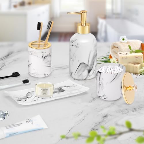 Haturi Bathroom Accessories Set, 4 Pcs Marble Look Sets Soap Dispenser & Toothbrush Holder Counter Top Restroom Apartment Decor Stuff, Glass Kits, Gift for Women and Men, Ink White - Image 4