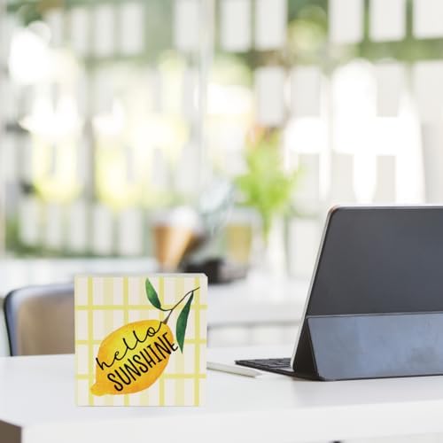 IYEZH Lemon Decor Farmhouse Lemon Wooden Box Sign Rustic Country Hello Sunshine Lemon Box Sign Wood Sign Decor Summer Square Wood Sign Home Kitchen Desk Tabletop Shelf Decor 5 x 5 - Image 5