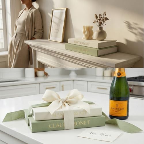 Premium Linen Faux Book Box Set of 2: Aesthetic Book Safe with Hidden Storage for Living Room Console Table & Bookshelf Decor, Home Organizer, Green & Beige, Tallest 10.67in - Image 3