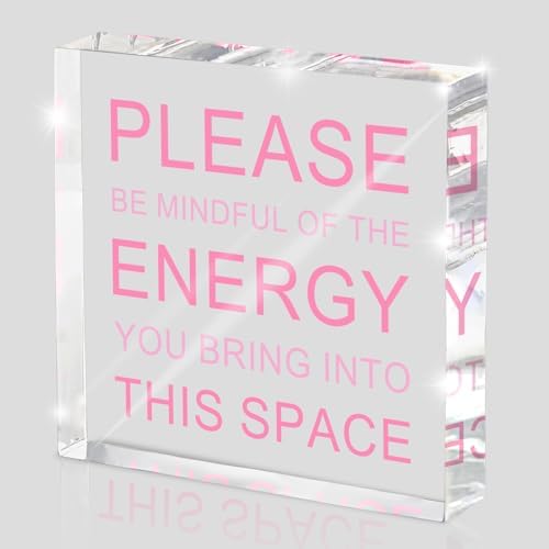Please Be Mindful of The Energy Desk Sign - 4x4 Inch Pink Acrylic Office Decor for Women, Therapist Room Decor, Positive Workspace Sign, Calm Office Accessories & Wellness Gift by MUZRUYOU