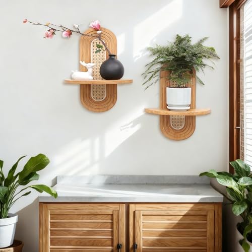 Floating Shelves for Wall, Boho Home Wall Decor,Rattan Plant Shelf Set of 2, Mid Century Small Decorative Shelf, Natural Wood Shelves for Living Room,Bedroom,House,Office (Natural) - Image 6