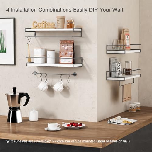 Forbena White Floating Shelves for Bathroom Organizer Over Toilet, Bathroom Shelves Wall Mounted with Towel Rack, Corner Wall Shelf for Bedroom Decor Kitchen Storage (White-Dark Grey, Set of 2) - Image 6