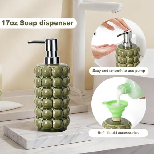 4 Piece Ceramic Bathroom Accessories Set –Soap Dispenser,Toothbrush Holder,Tumbler & Soap Dish,Includes Silicone Funnel,Non-Slip,Modern Farmhouse Countertop Organizer Set for Bathroom Decor, Green - Image 4