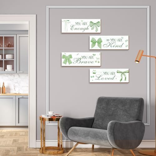 4 Pcs Green Bow Wall Decor, Light Green Coquete Room Decor for Teen Girls, Inspirational Positive Affirmations Wall Wooden Hanging Sign Bathroom Art - Image 7
