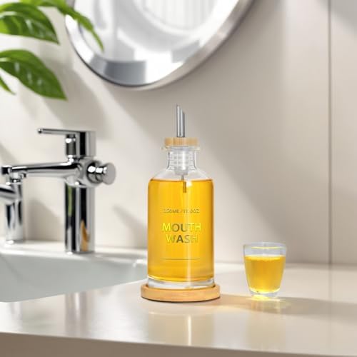 Mouthwash Dispenser for Bathroom 11.8oz – Clear Glass Mouthwash Bottle with Bamboo Tray, Silicone Base, Gold Hot-Stamped Lettering, Refillable Mouthwash Container for Bathroom (Clear) - Image 2