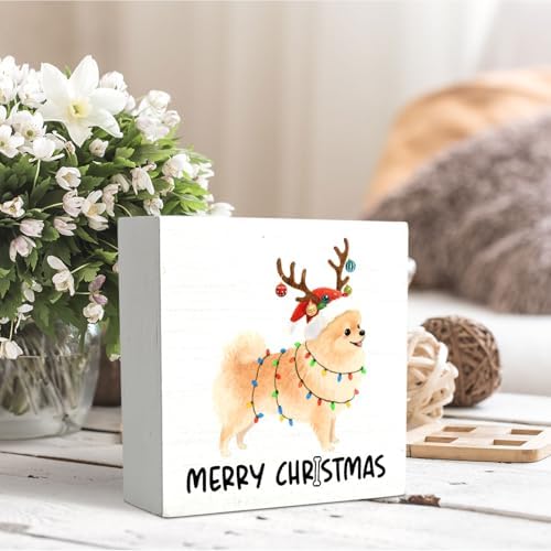 Pomeranian Merry Christmas Wooden Box Sign Desk Decor, Pomeranian Gifts, Holiday Christmas Dog Wood Block Sign for Home Bedroom Office Desk Table Shelf Wall Decorations, 5x5 Inch - Image 5