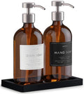 Glass Soap Dispenser Set of 2 (Amber) with Silicone Tray | Hand and Dish Soap Dispenser for Kitchen and Bathroom | 16.8 Oz Glass Bottles with Stainless Steel Pump & 15 Waterproof Labels (Amber/Silver) by Unknown