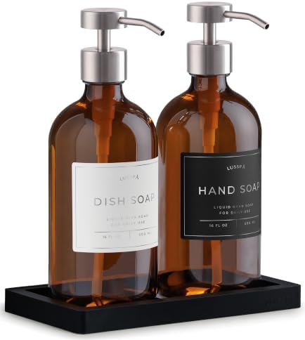 Glass Soap Dispenser Set of 2 (Amber) with Silicone Tray | Hand and Dish Soap Dispenser for Kitchen and Bathroom | 16.8 Oz Glass Bottles with Stainless Steel Pump & 15 Waterproof Labels (Amber/Silver) by Unknown