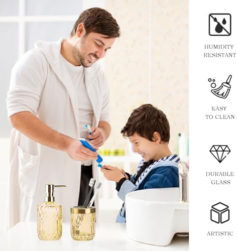 RRM Glass Bathroom Toothbrush Holder and Soap Dispenser Set,Clear Gold - Image 5