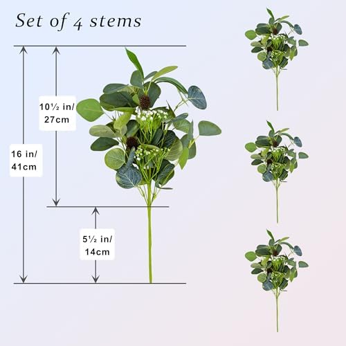4-Pack Artificial Eucalyptus Stem 16" Faux Greenery Bouquet Berry - Image 5