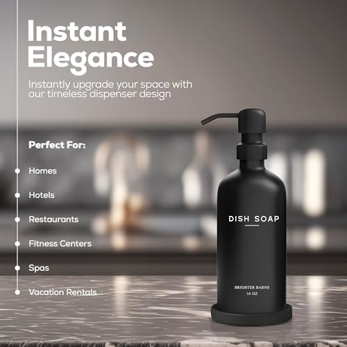 Black Glass Dish Soap Dispenser for Kitchen Sink by Brighter Barns - Modern Kitchen Soap Dispenser Set with Tray and Stainless Steel Pump - Modern Decor for Vacation Rental, Restaurants, Gifts (Black) - Image 2