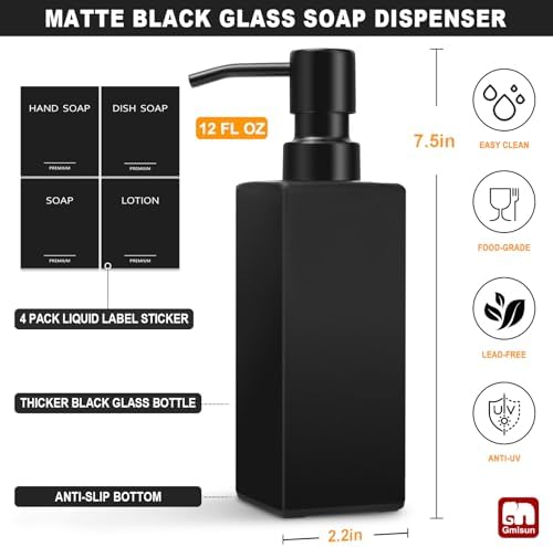 GMISUN Black Soap Dispenser Bathroom, Glass Hand Soap Dispenser with Stainless Steel Pump, 12 fl oz/350ml Refillable Dish Dispensers for Kitchen, Modern Liquid Lotion Bottles for Bathroom Countertop - Image 2
