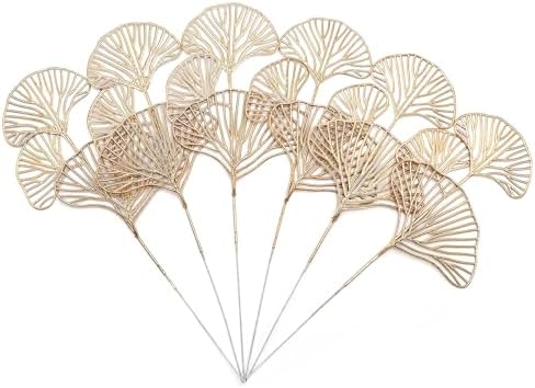 Artificial Gold Ginkgo Stems 14 Inch Apricot Leaves 12 Pack, Fake Golden Plant Leaf Glitter Picks Bushes Faux Flowers Branch Decor for Indoor Outdoor Home Garden Vase Wedding Xmas Christmas Decoration - Image 6