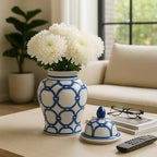 Decorative Jar with Lid Hand-Painted Pattern Ceramic Stoneware Traditional Style Home Living Room Office Decor Accent Piece - 10" Blue & White by NESSANDJORD